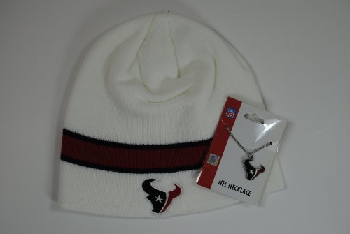 Houston Texans Gift Set - Reebok White Knit Beanie Cap - Logo Pendant Necklace