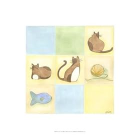 Tic-Tac Cats In Blue by June Erica Vess. CANVAS with 3/4 inch bars. 11.96 inches width by 11.88 inches height. Highest Quality Art Poster Print