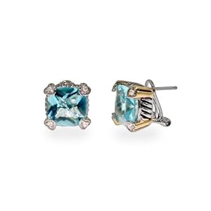 Designer Style Blue Topaz CZ Earrings with Gold Accents by 