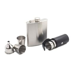 Trendy Edelstahl Design Flachmann mit Trichter und 4 Becher im Lederetui