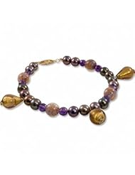 14K dyed peacock black freshwater cultured pearl and Murano glass bead bracelet, 7.25"
