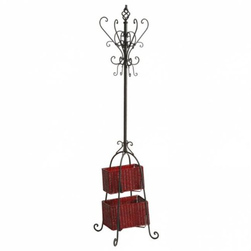 Southern Enterprises Iron Standing Coat Rack with Rattan Storage Baskets Color - Black with Dark Red Rattan