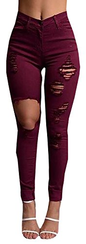 Baifern Women's Skinny Distressed Destroyed Hole Long Denim Trousers