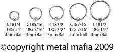 18G STEEL CAPTIVE BEAD RINGS C181/2- 18G 1/2" 3MM BALL