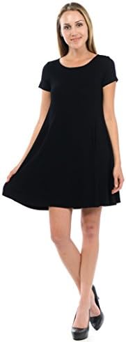 PURSON Womens Short Sleeve A Line Tunic Dress with Side Pockets Medium Black