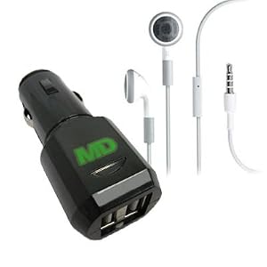 Malcom Distributors Black Dual USB Port Socket Cigarette Lighter DC Car Charger Adapter and Apple Earphones with Remote & Mic for Apple iPhone 3G 3GS 4.0 iPad iPod Nano 4th and 5th Generation iPod Classic 120GB 160GB