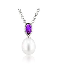 Sterling Silver 9-9.5mm Oval White Freshwater Cultured Pearl and Gemstone Necklace, 18"