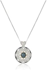 Sterling Silver and 14k Yellow Gold Blue Diamond Art Deco Round Pendant Necklace, 18"