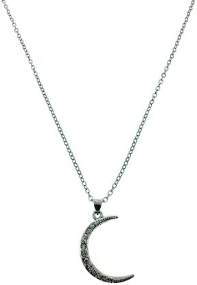 Alluring Crescent Moon Pendant - 20 Inch Rolo Chain Necklace - White Cz Stones Silver Overlay Adjustable 16" - 20"