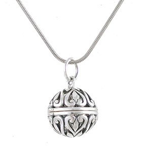 Round Keepsake Locket or Prayer Box Pendant with Heart Designs in Sterling Silver on a 20" Rhodium and Sterling Silver Snake Chain, #8004