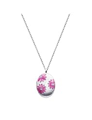 Sterling Silver Pink Enamel Flower Engraved Locket Pendant (1" or 25mm Height) with 1.5mm Rolo Cable Chain - 18" Inches