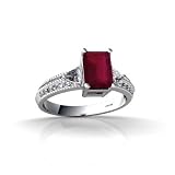 14K White Gold Genuine Emerald-cut Ruby and Diamond Ring