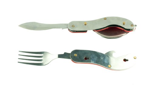 Huntington lot de couverts de camping 4-pièces (couteau, fourchette, cuillère, ouvre bouteille) en métal, rouge