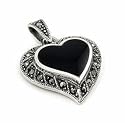Sterling Silver Curved Heart Onyx Pendant With Marcasite