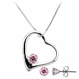 Sterling Silver Pink cz Open Heart Pendant and Stud Earrings Set