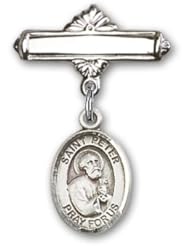 Sterling Silver Baby Badge with St. Peter the Apostle Charm and Polished Badge Pin