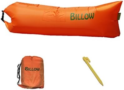 Orange Inflatable Air Lounger with Tent Stake made from Parachute Nylon for use Camping or at Beach Fits 2-3 People