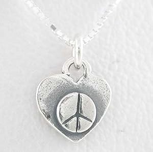 Double Sided Heart Pendant with Peace Symbol in Sterling Silver on 16" Box Chain, #8403