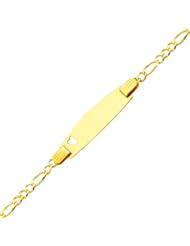 14K Yellow Gold 2.5mm Baby Heart ID Figaro Bracelet with Lobster Claw Clasp - 6" Inches