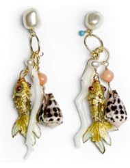 Meg Carter Designs Freshwater Pearl, White Branch Coral, Salmon Coral, Cone Shell, Turquoise and Cloissone Fish "Fruits de Mer" Dangle Earrings