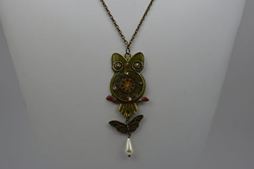 Hand Painted Steam Punk Owl Pendant in Green