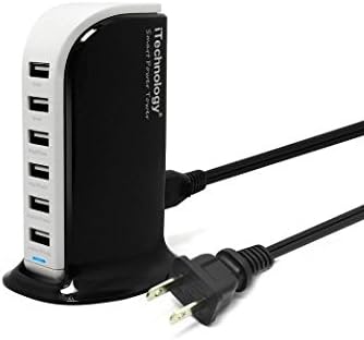 iTechnology® Smart Power Tower 40Watt 8Amp 6 Port USB Charger with Smart IC support full charging speed for different device,6 port travel charger compliant with iPhone 6/plus, iPad Air 2, Samsung Galaxy, Nexus, HTC, Nokia and More,with 5ft US Power Cord (Black&amp;White Color)