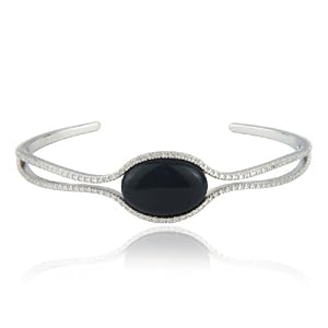 Sterling Silver 20x14mm Oval Black Agate and Diamond-Accent Bangle Bracelet by