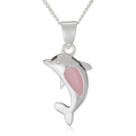 Silver Pink Cats Eye Dolphin Pendant + Curb Chain 16'