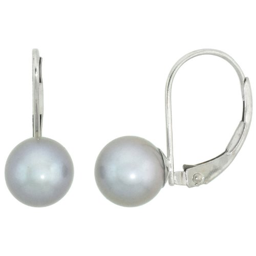 10k White Gold 7.5 mm Lustrous Gray Shell Pearl Lever Back Earrings