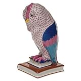 IMAGE OF Large Owl on Books Facing Left Figurine in Raspberry Fishnet - Bird Collection by Herend