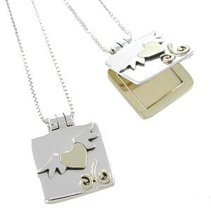 Winged Heart Locket Pendant in Sterling Silver and Brass on an 18" Box Chain, #7906