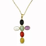 9ct Yellow Gold Ladies Multi Coloured Jade Stones Set Cross Shape Pendant on an 18 Prince of Wales Chain