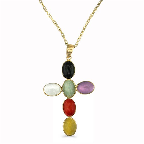 9ct Yellow Gold Ladies Multi Coloured Jade Stones Set Cross Shape Pendant on an 18 Prince of Wales Chain