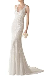 V-neck Mermaid Sleeveless Sequined Beaded  Dress with a Brush/Sweep Train 