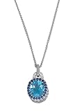 14K White Gold Hand-Crafted Oval-Shaped Designer Pendant, Enhanced with Pave Set Diamonds, Blue Topaz and Sapphire Stones, Sliding on a 16'' Cable-Chain Necklace.(GH-Color, SI-Clarity, c.t.t.w.0.06CT, Sapphire 0.51CT, Blue Topaz 4.26CT).