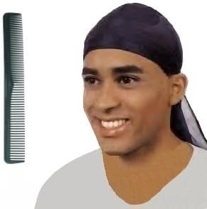 Cool Comfortable and Breathable Mens Sports Black DU RAG Hair Cap Head Wrap with Long Tails One Size Hat WITH A * FREE * Black Professional Pocket HAIR COMB for Hair Styling Great Quality Set