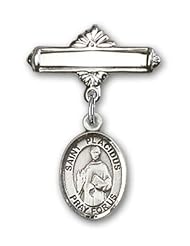 Sterling Silver Baby Badge with St. Placidus Charm and Polished Badge Pin
