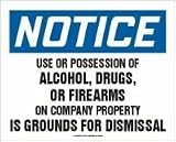 NOTICE USE OR POSSESSION OF ALCOHOL, DRUGS OR FIREARMS ON COMPANY PROPERTY IS GROUNDS FOR DISMISSAL 10" x 14" Dura Aluma-Lite Sign