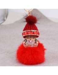 Automotive Parts and Accessories: Generic Real Fox Fur Ball with Artificial Doll Inlay Pearl Rhinestone Key Chain for Womens Bag or Cellphone or Car Pendant(Red) - Chen-hui jewelry factory