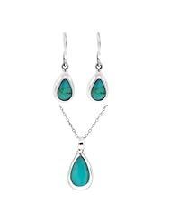 Sterling Silver Gemstone Inlay Teardrop-Shaped Earrings with Matching Pendant Necklace Set, 16"