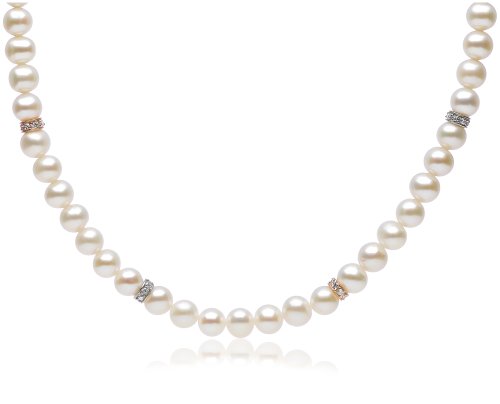 White Freshwater Cultured Pearl w/ Two-Tone Sterling Silver and Cubic Zirconia Rondel Necklace, 18