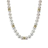 White 7-8mm AAA Cultured Pearl Strand Necklace w. 18K Yellow Gold Overlay Sterling Silver Diamond Cubic Zirconia Roundel and Rose Clasp (LS1R2)