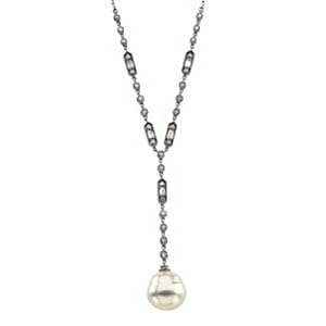 0.75 Ct.T.W. Round Brilliant Cut and Baguette Cut Diamonds, South Sea Cultured Pearls, 14K White Gold. South Sea Cultured Pearl & Diamond Necklace