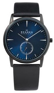 Skagen #958XLBLN Men's Black IP Blue Dial Leather Band Dress Watch