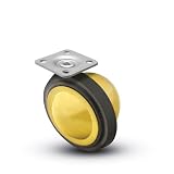 2-1/4 Metal Ball Caster with Rubber Tread, Bright Brass, with 1-3/16 x 2 Top Plate