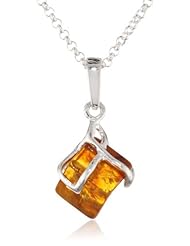 Sterling Silver Honey Amber Cubical Pendant Necklace , 18"