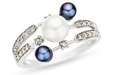 1/6 Carat Diamond and Black and White Cultured Freshwater Pearl 14K White Gold Ring