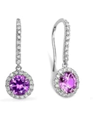 2.04Ct Round Amethyst & VS Diamond Hanging Earrings 14K Gold
