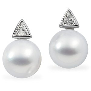 18K Palladium White Gold Paspaley South Sea Cultured Fine Full Button Pearl and Diamond Earrings