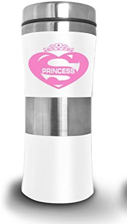 SUPER MUGS TM 15 Oz Super Princess Stainless Steel &amp; Plastic Travel Mug Tumbler, White &amp; Pink (1)
